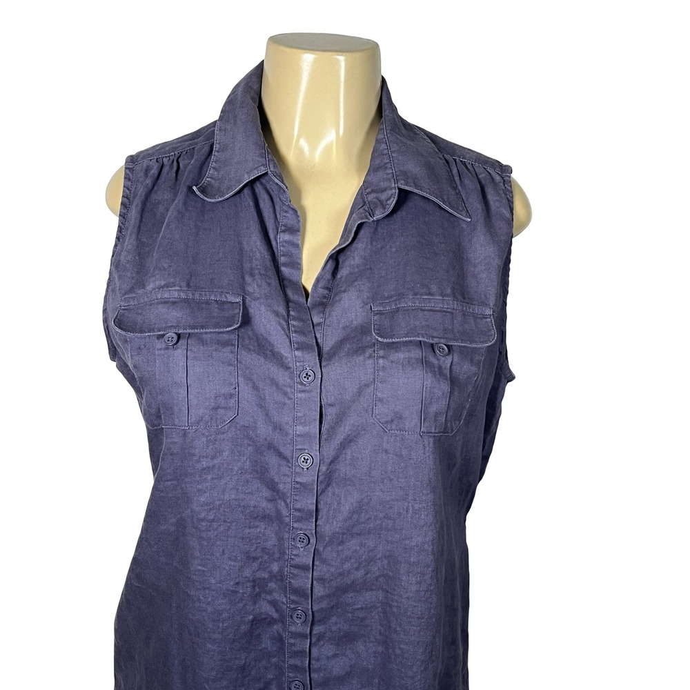 Cabi 262 Women Blue 100% Linen Sleeveless Button Down Tunic Top Size M